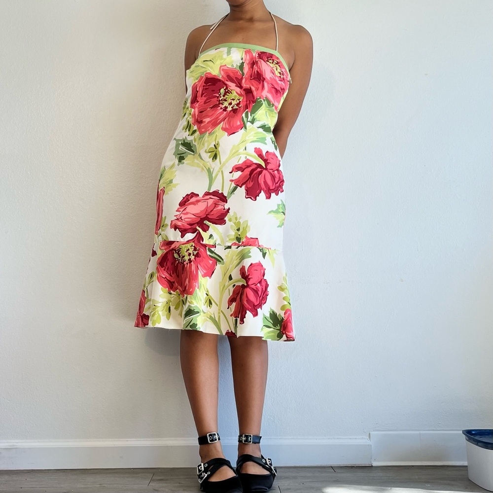 Ann Taylor floral midi dress with ruffle hem, lined, and spaghetti tie straps